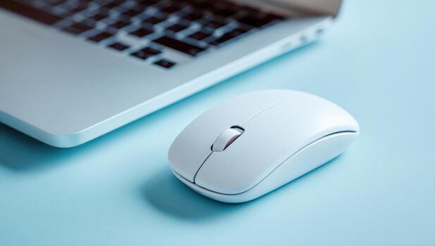 Computer mouse and laptop on blue background photo