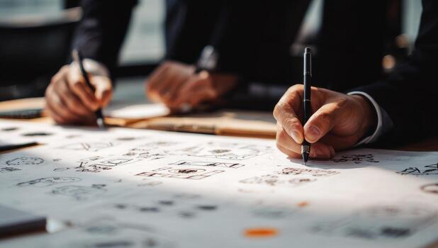 Business people working on a project with sketches photo