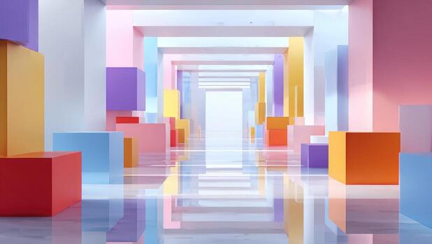 Colorful cubes in a hallway with a reflection photo