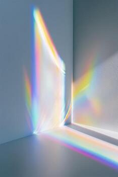 A room with a rainbow light shining through the window photo