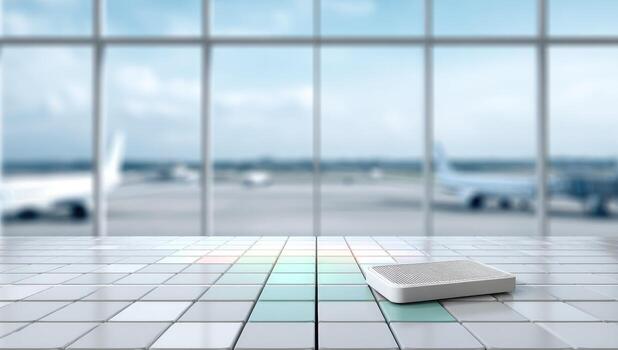 A small white box sitting on a tiled floor in front of an airport photo