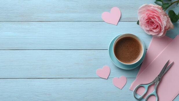 Cup of coffee, rose and scissors on blue wooden table with hearts photo