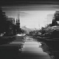 un negro y blanco foto de un ciudad a noche