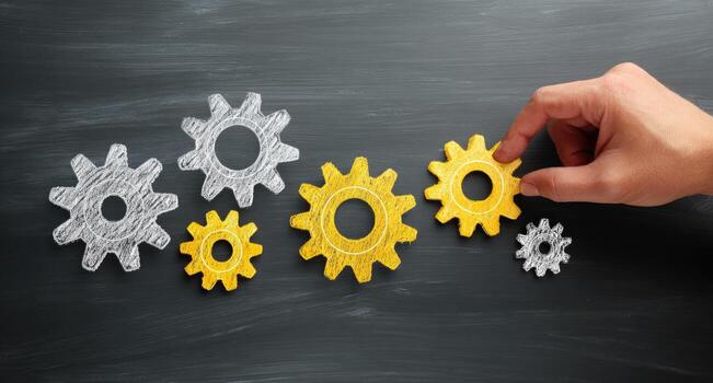 Hand pointing to a group of gears on a blackboard photo