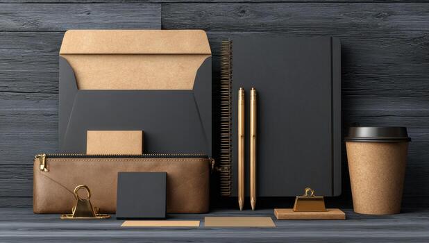 Stationery set on wooden background 3d rendering photo