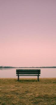 un banco sentado en un herboso campo cerca un lago foto