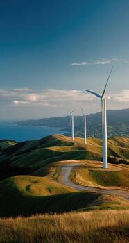 A grassy hill with wind turbines photo