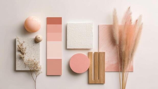 Pink and white color palette with plants and eggs photo
