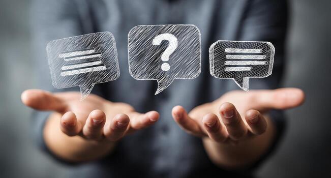 Businessman holding speech bubbles with question mark concept photo