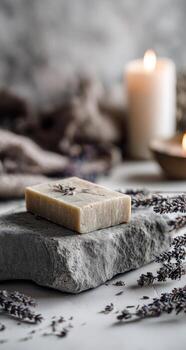 A soap bar sits on a stone with lavender flowers photo