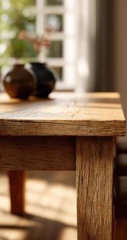 A wooden table with a vase on it photo