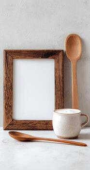 Wooden spoon and spoon with a white frame mock up on a white background photo