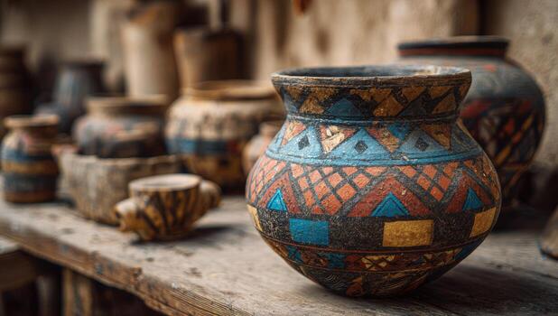A collection of pottery on a shelf photo