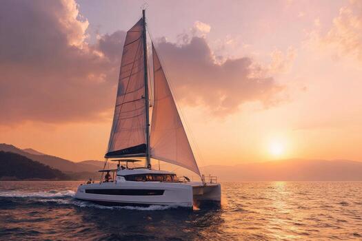 The catamaran is sailing at sunset photo