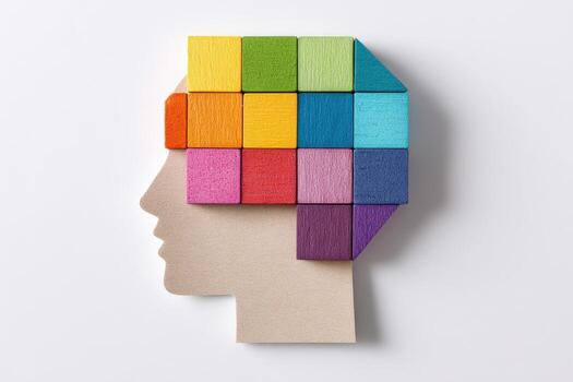 A colorful head with a wooden block in the middle photo