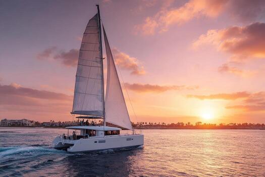 A catamaran sailing on the ocean at sunset photo