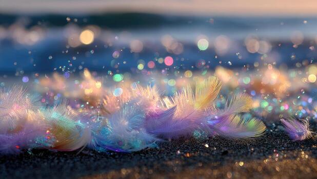 A colorful feather laying on the beach with bubbles photo