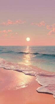 A pink beach with waves and a sunset photo