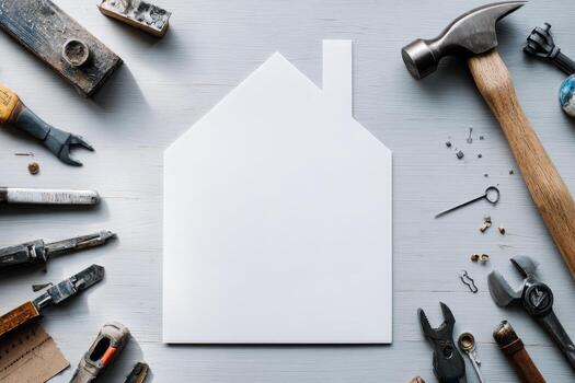 Tools and house building materials on a wooden table photo