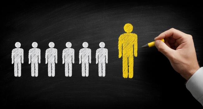 A person drawing a line on a blackboard with a yellow man standing in front of a group photo