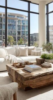 A living room with a couch, coffee table, and a window photo