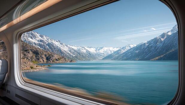 A view of a lake and mountains through a window photo