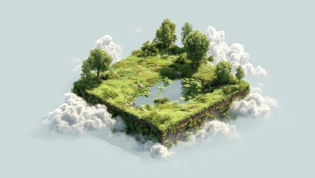 A small island surrounded by trees and clouds photo