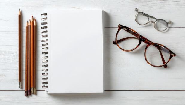 Notebook, glasses, pencils and pen on white wooden table top view photo