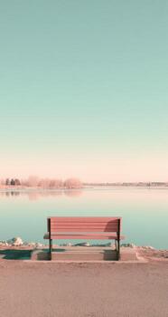 A bench sitting on the side of a lake photo
