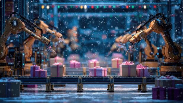 Robots moving boxes of gifts in a factory photo