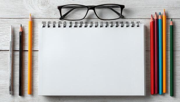 Notebook, pencils, glasses and notebook on white wooden background top view photo