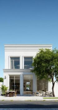 A modern white house with a large tree in front photo