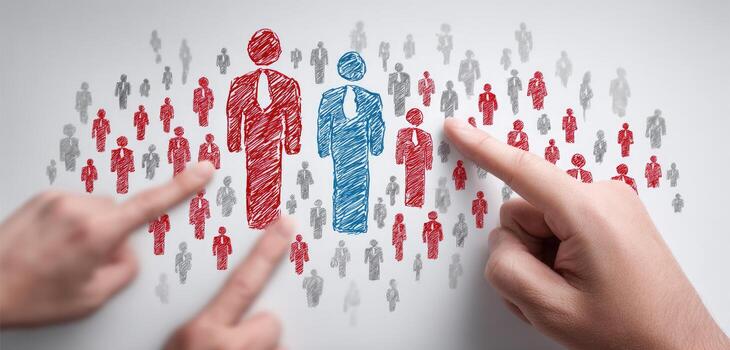 Hands pointing to a group of people with red and blue colors photo