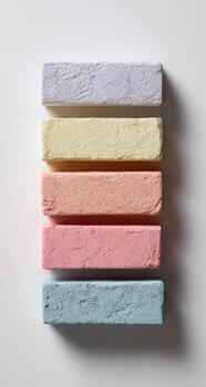 A row of colored bricks on a white surface photo