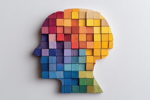 A colorful head made out of blocks of different colors photo