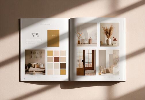 A book with a photo of a room and a color palette