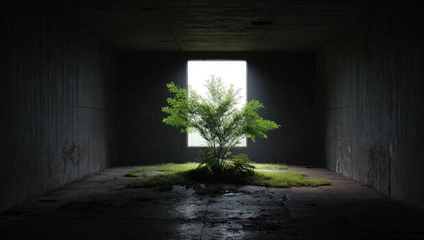 A tree in a dark room with a light shining through the window photo