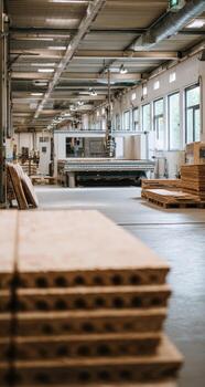 A factory with wooden pallets and machines photo