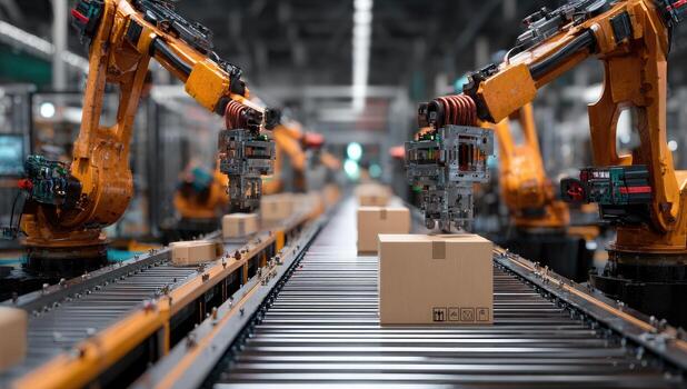 Robots moving boxes on a conveyor belt in an industrial factory photo