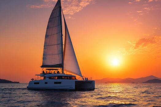 A catamaran sailing in the ocean at sunset photo