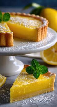 A slice of lemon tart on a plate with a slice missing photo