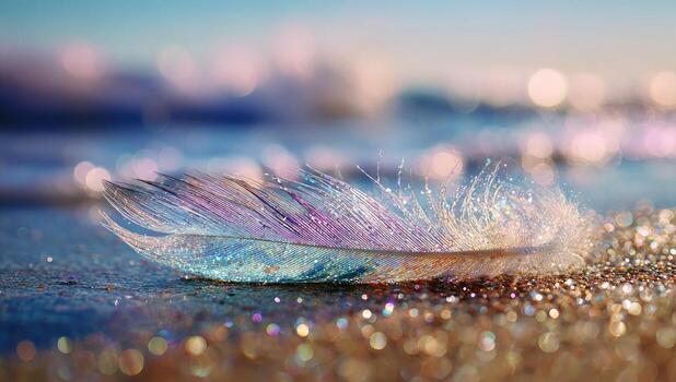 A feather on the beach with sparkling water photo