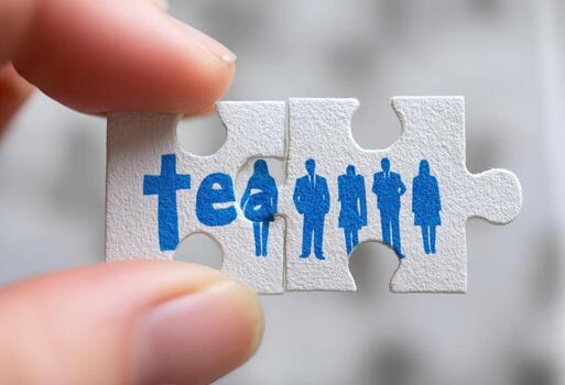 A person holding a piece of puzzle with the word teamwork photo