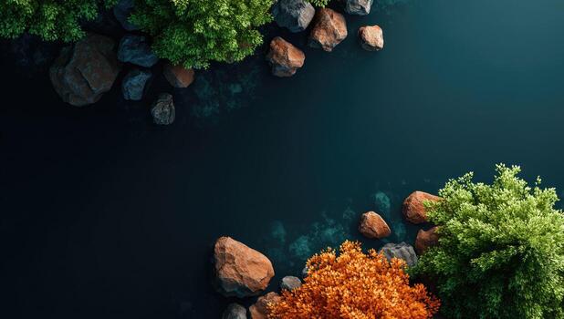 Top view of trees and rocks in the water photo