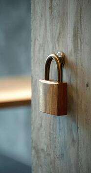 A padlock on a door with a wooden handle photo