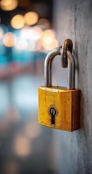 A lock is attached to a wall with a chain photo