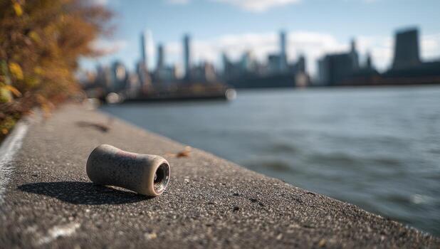 A skateboard is left on the side of a concrete wall photo