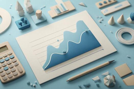 3d render of business graph on paper with calculator, pen, paper and other office supplies photo