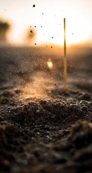 A stick is in the dirt with the sun setting photo