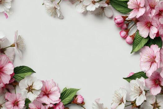 A frame of pink flowers on a white background photo